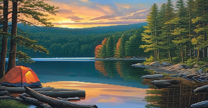 A peaceful camping scene in Harriman State Park with a tent, campfire, and a lake reflecting the sunset.