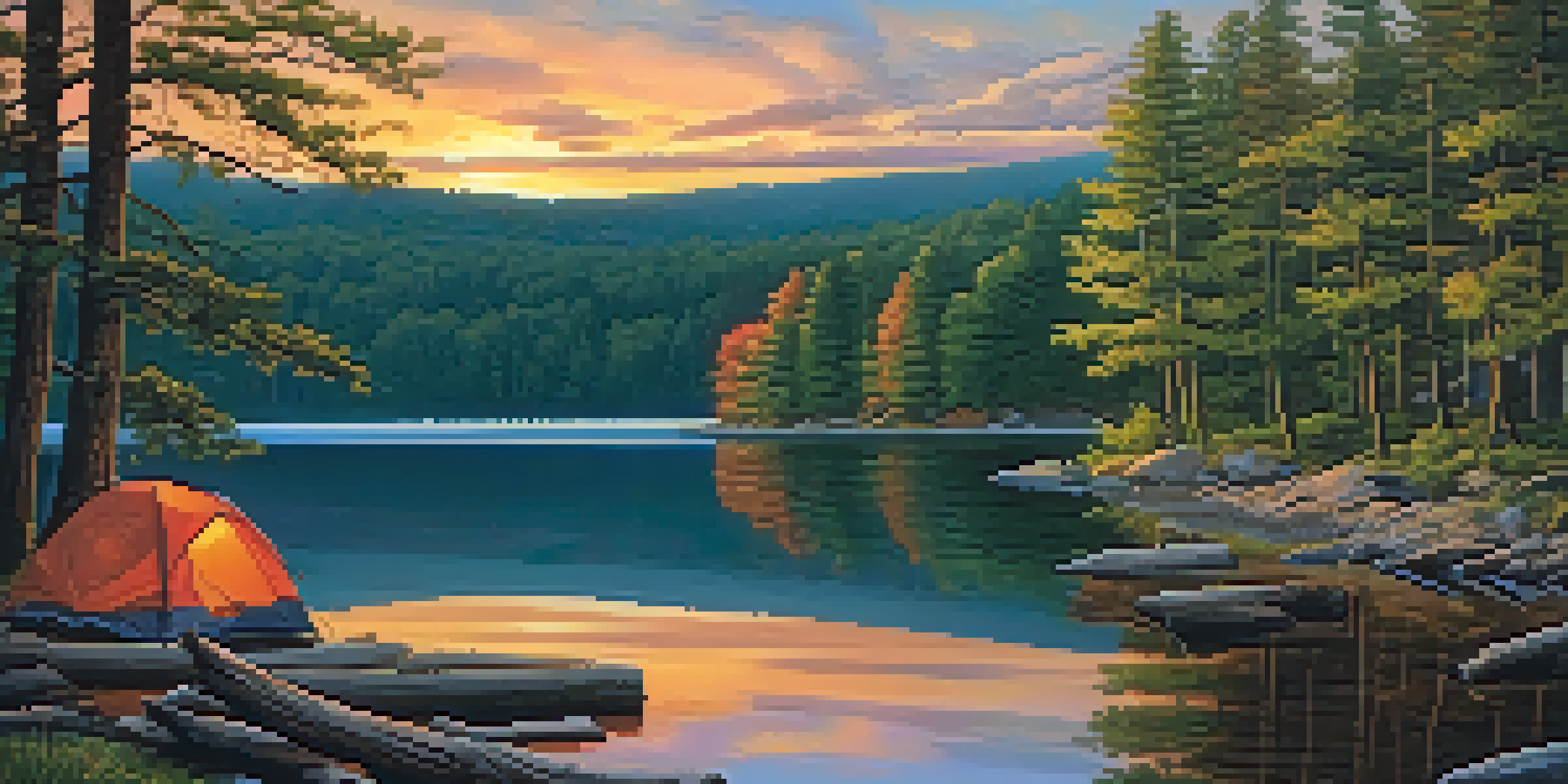 A peaceful camping scene in Harriman State Park with a tent, campfire, and a lake reflecting the sunset.