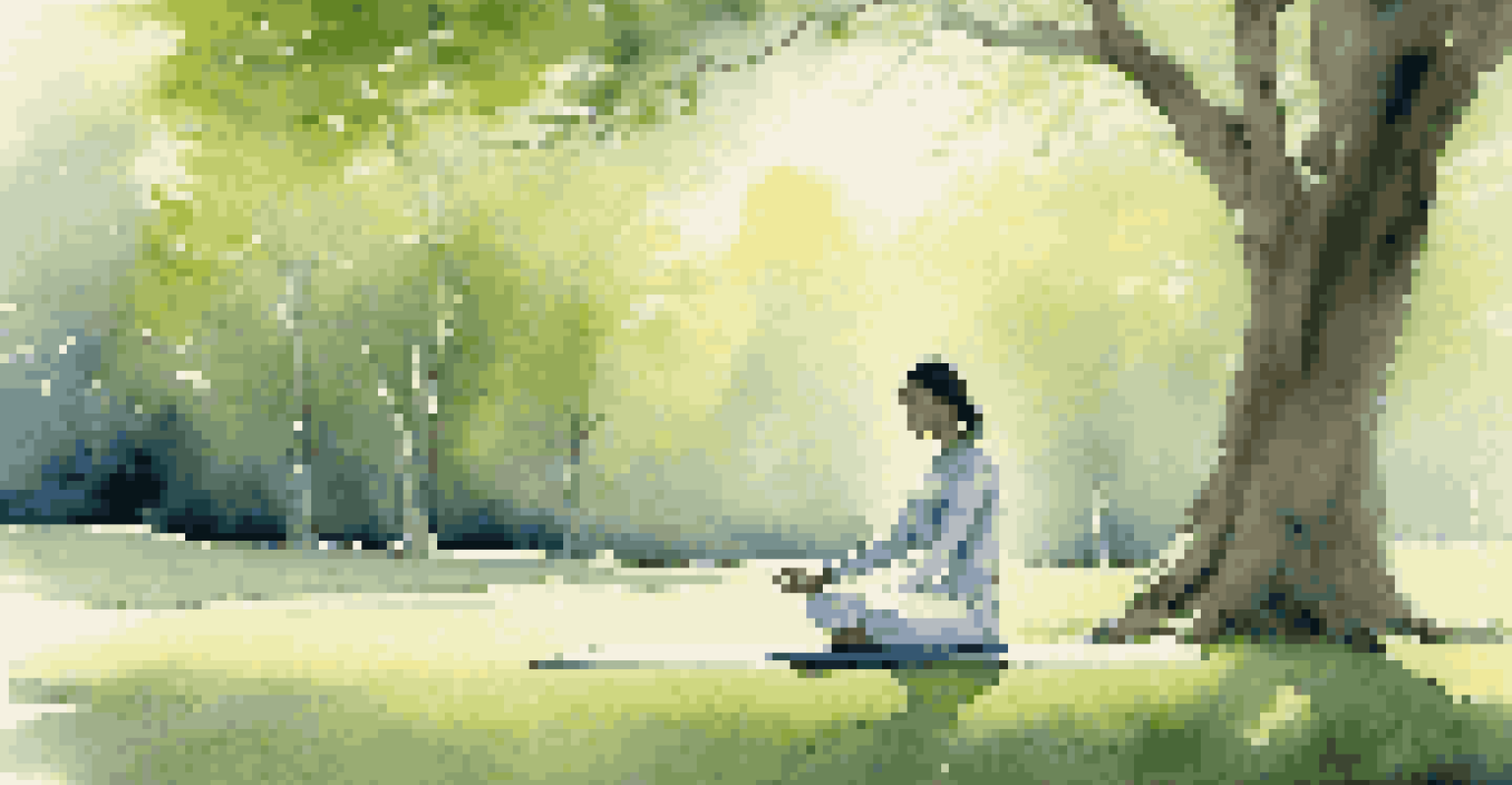 A fencer meditating on a yoga mat in a peaceful outdoor setting, surrounded by grass and trees, reflecting calm and focus.