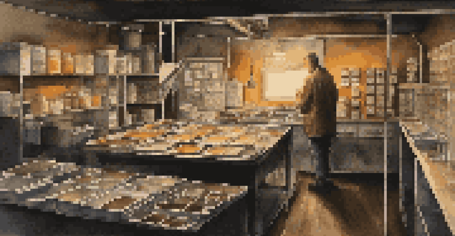 A photographer in a darkroom, surrounded by developing trays and hanging photographs, with dim lights creating a warm atmosphere.