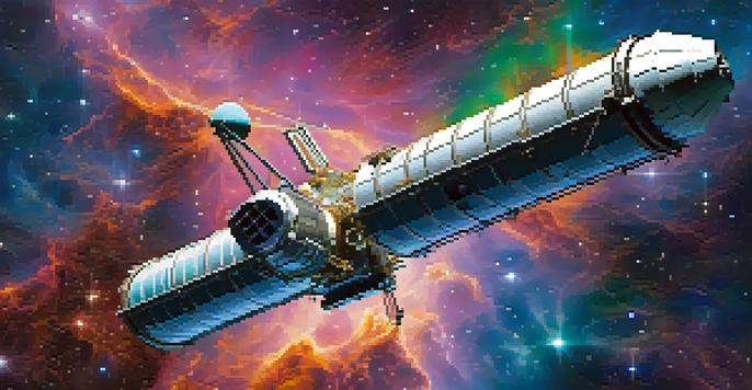 A vibrant image showing the Hubble Space Telescope capturing a colorful nebula in space, with Earth visible beneath it.