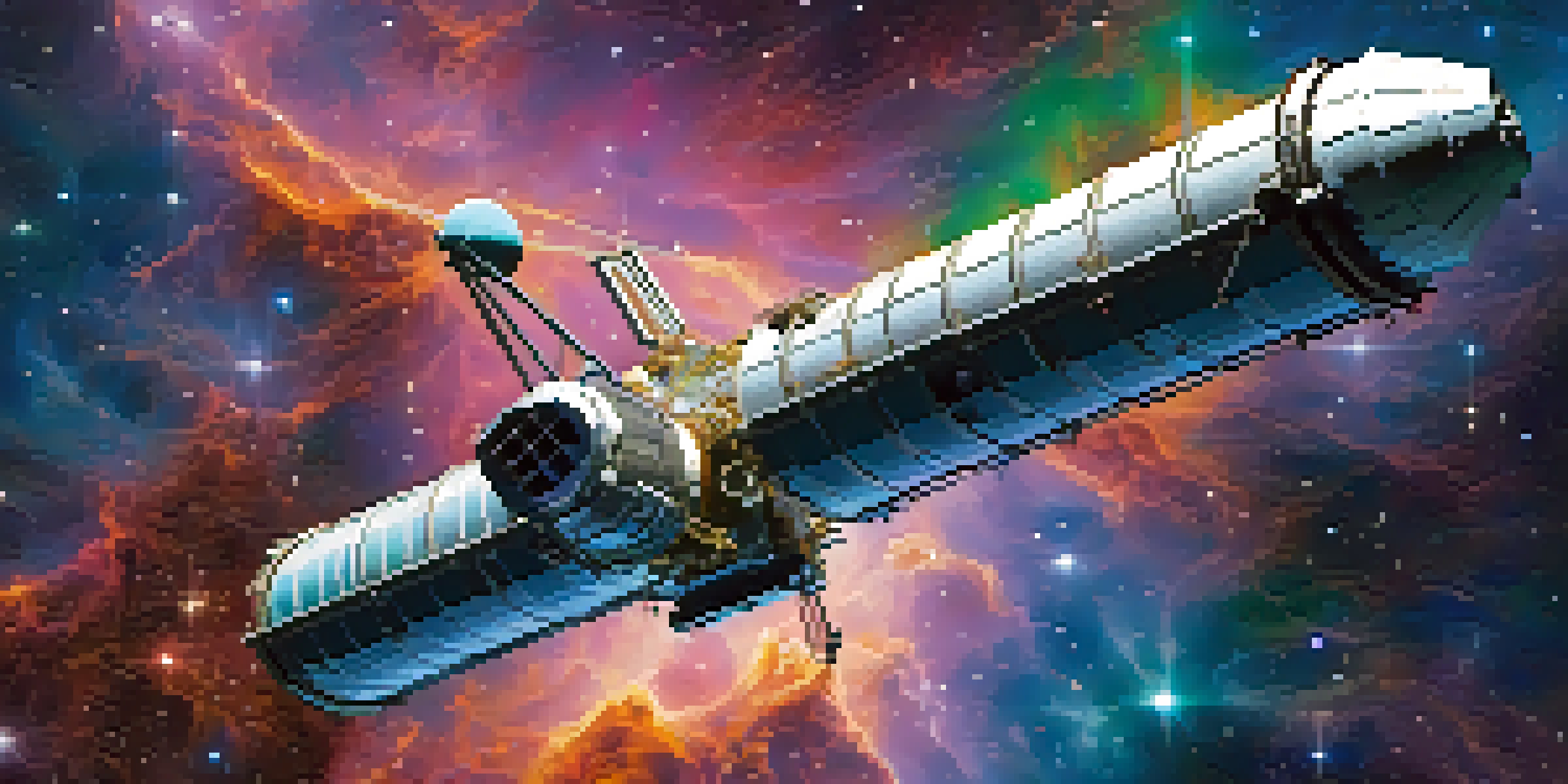 A vibrant image showing the Hubble Space Telescope capturing a colorful nebula in space, with Earth visible beneath it.