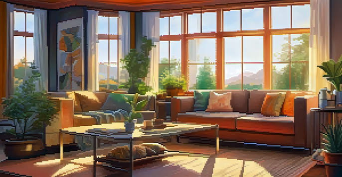 A warm and inviting living room with LED lighting, a cozy sofa, coffee table with plants, and sunlight streaming through large windows.