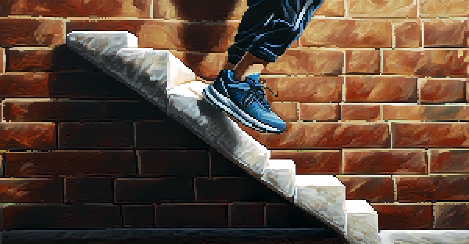 Close-up of a parkour athlete's feet preparing for a wall run against a textured brick wall, with motion blur and dramatic shadows.