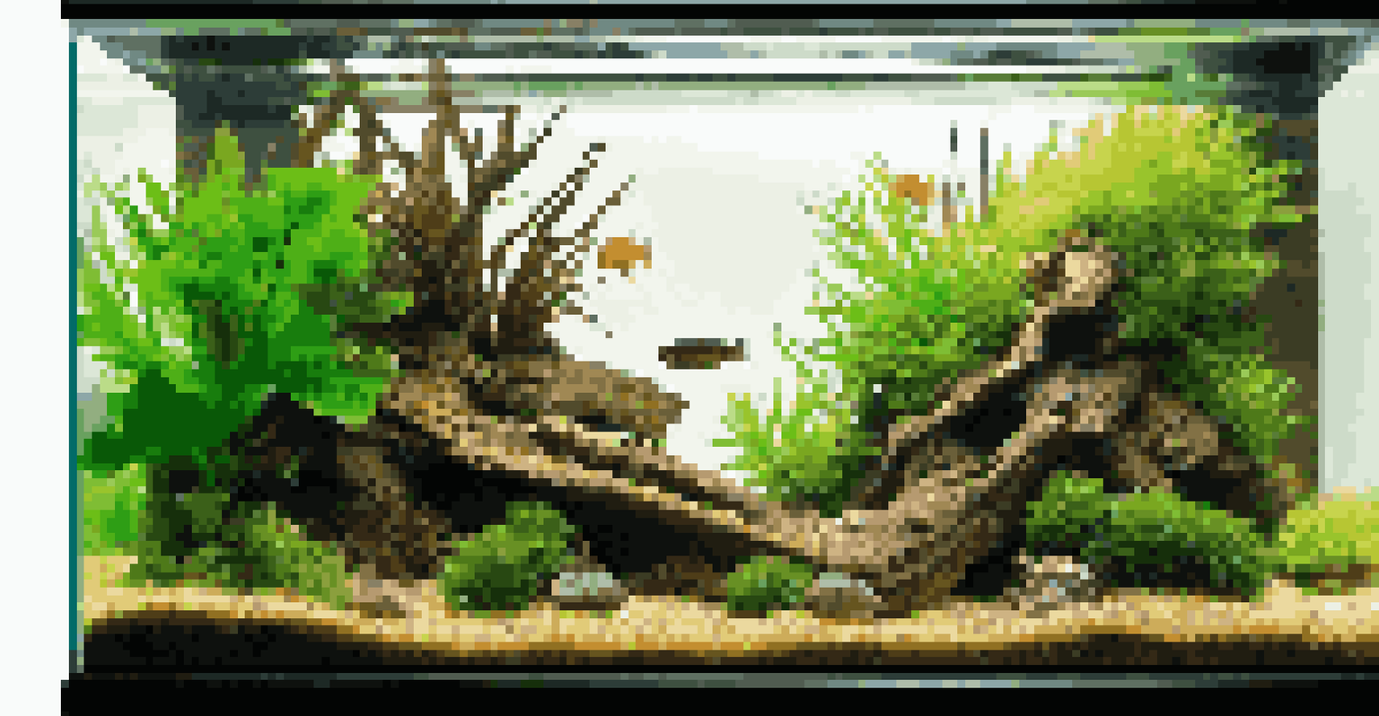 A realistic aquarium with driftwood, stones, and aquatic plants in a Nature Aquarium style.