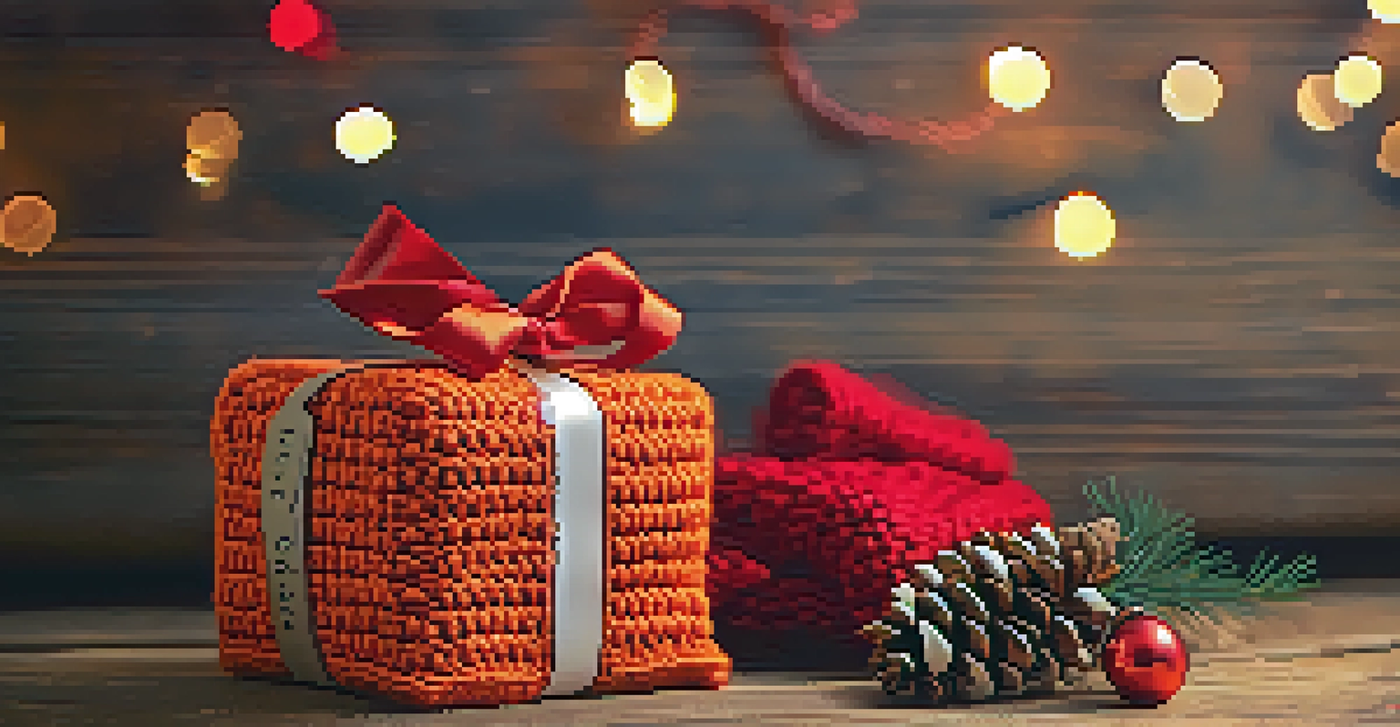 A wrapped crochet gift, showcasing a handmade scarf in red and orange, with a personalized tag, set against a rustic wooden surface with festive decorations.