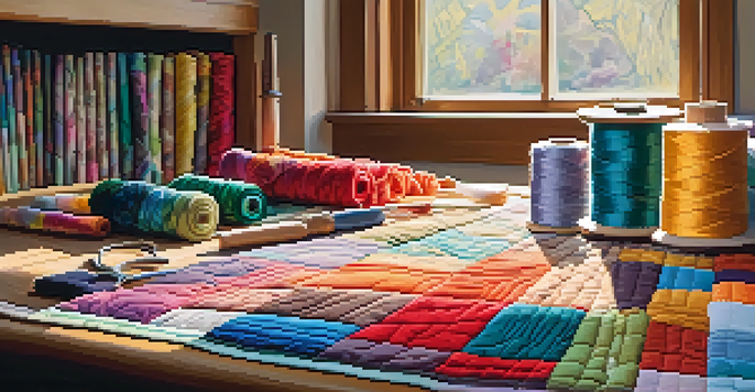 A warm and inviting sewing room with colorful quilting materials and tools on a wooden table, illuminated by natural sunlight.