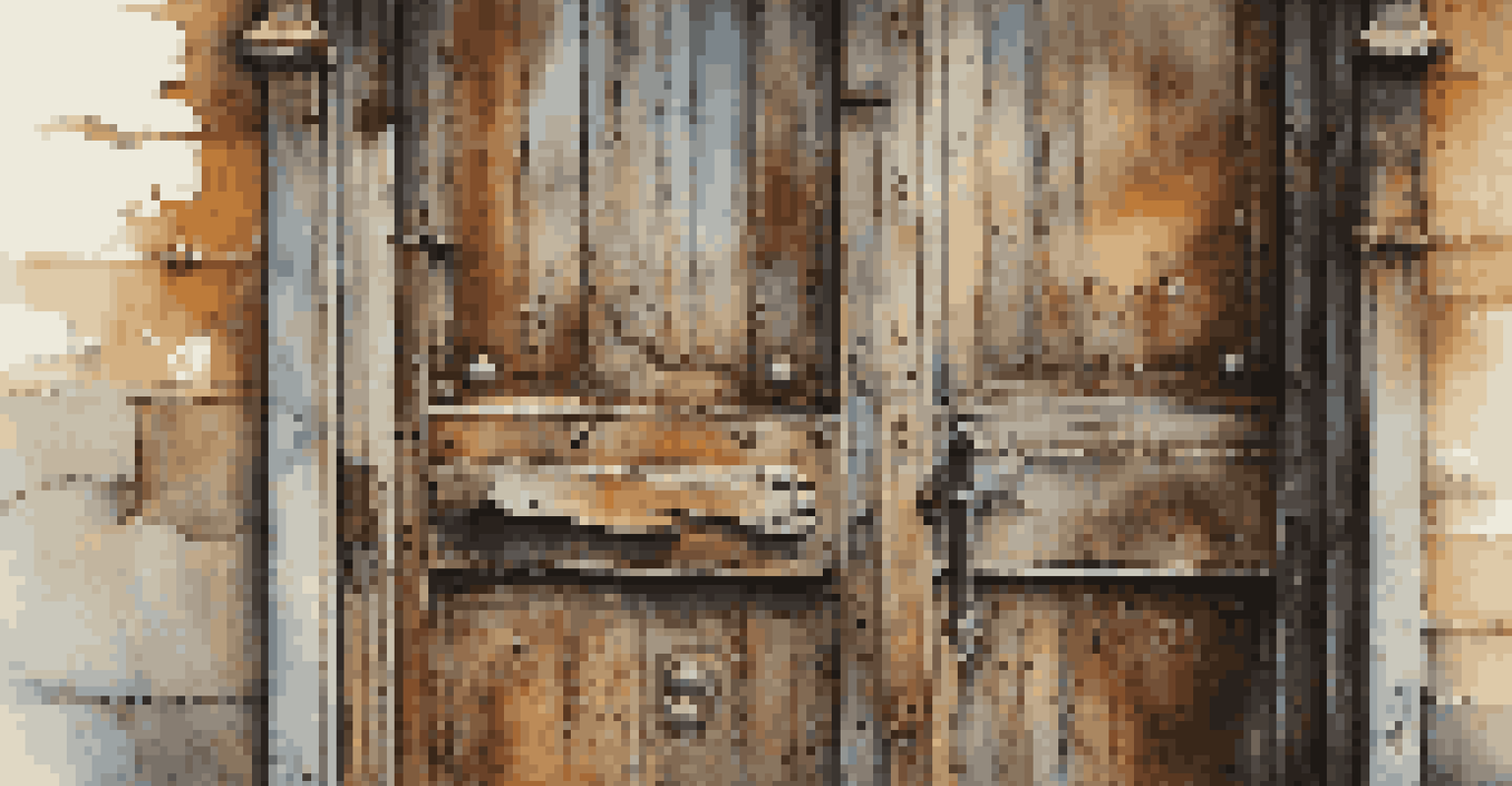 A close-up of a weathered door with flaking paint and rusted hinges, set against a softly blurred background.