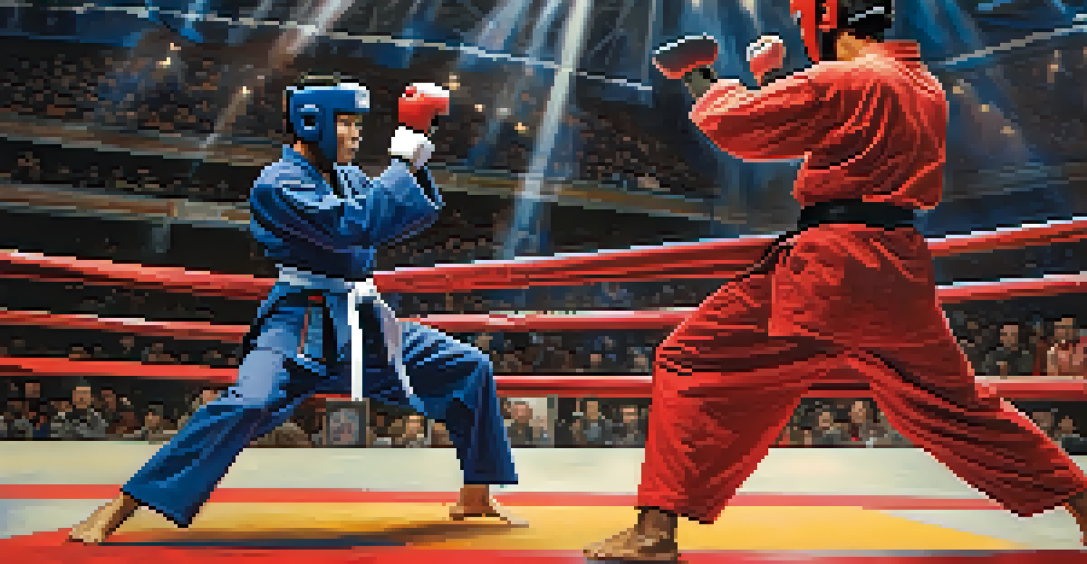 Two martial artists in a competitive match, one executing a high kick while the other blocks, in a brightly lit arena with spectators.