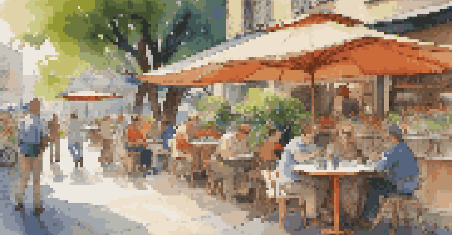A vibrant outdoor café with tables, umbrellas, and people enjoying coffee and conversations under the trees.