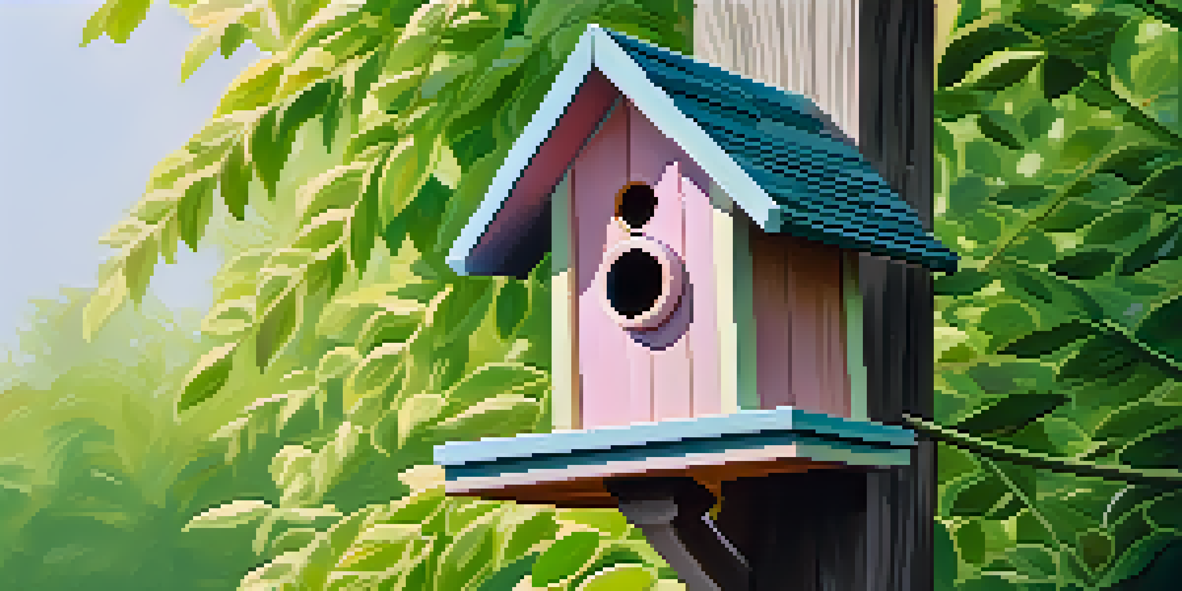 A pastel-colored birdhouse surrounded by green leaves, with sunlight creating shadows.