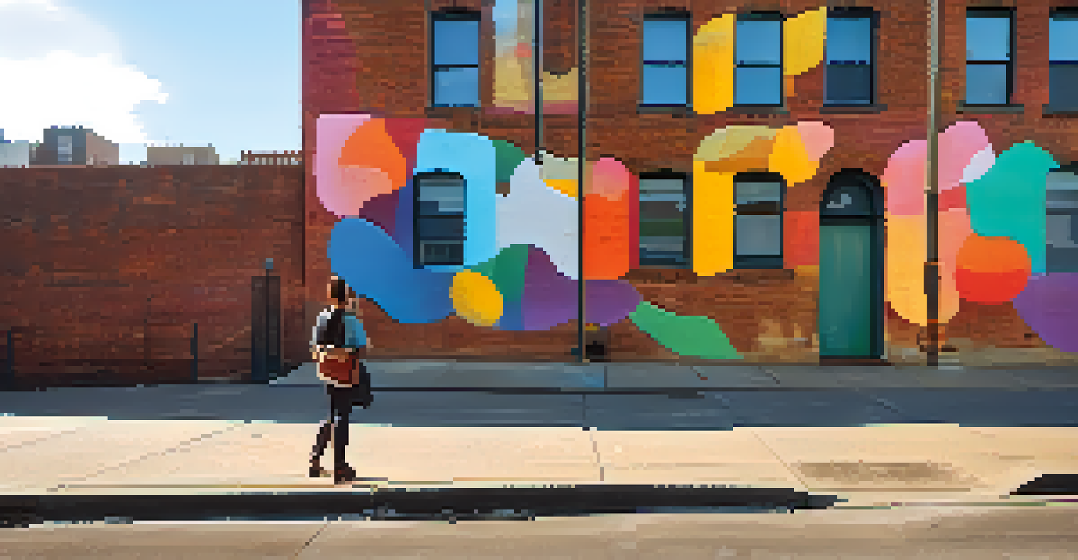 A colorful urban mural on a brick wall, with a person admiring the artwork under warm afternoon sunlight, showcasing street art elements.