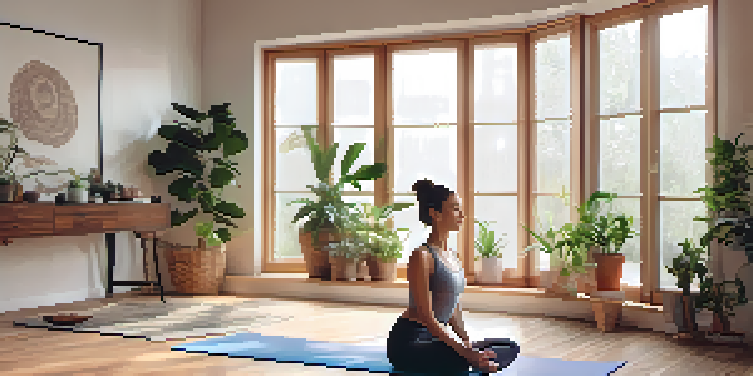 A person practicing yoga on a mat in a bright room filled with plants, emphasizing a calm and peaceful environment.