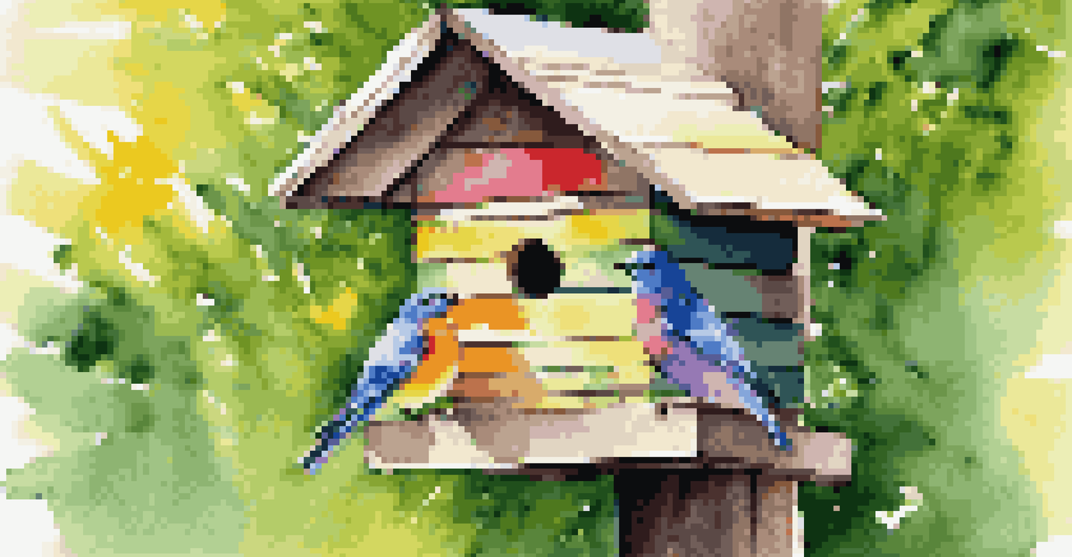 A birdhouse made from recycled materials in a colorful garden with birds nearby.