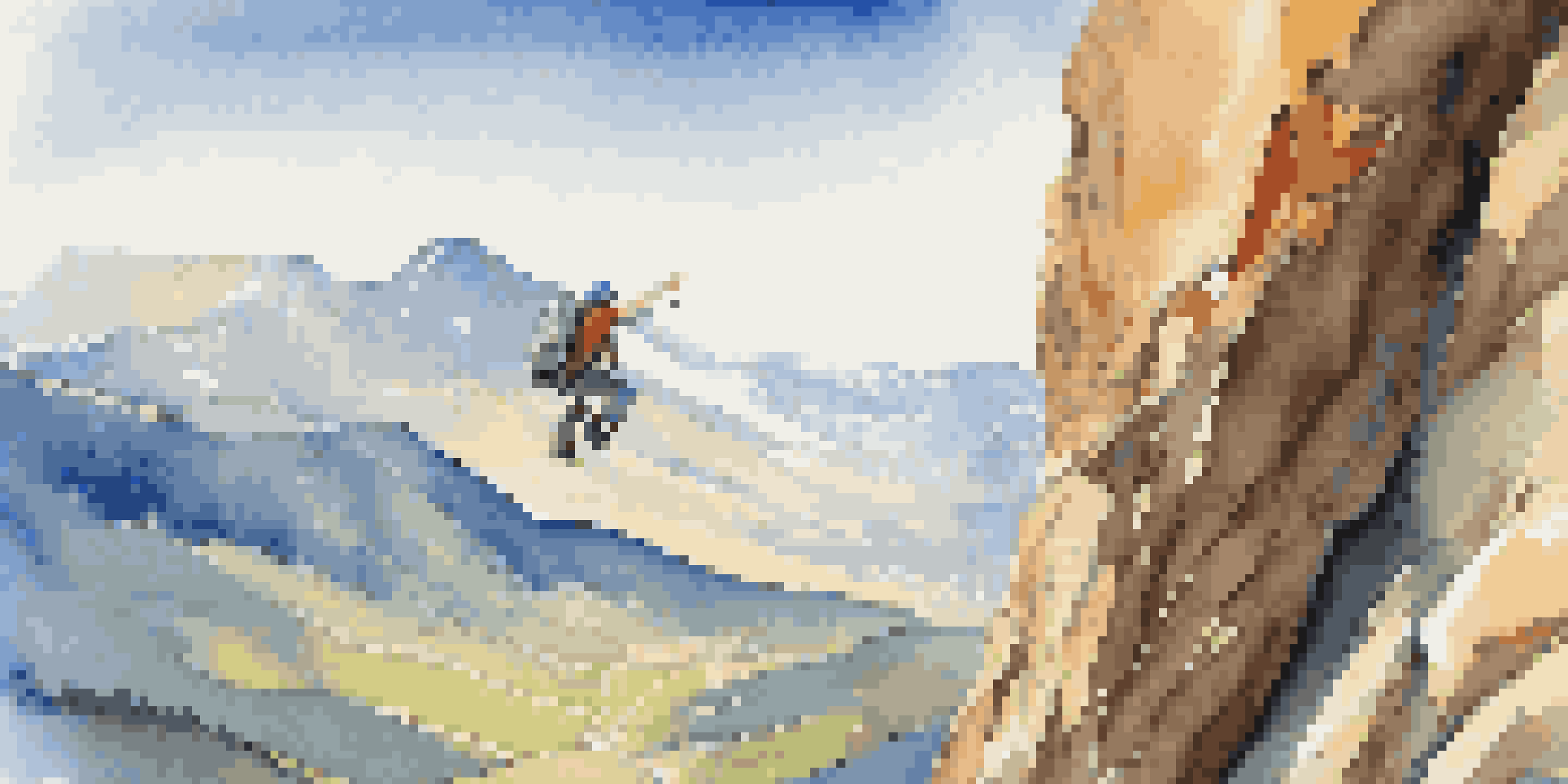 A climber ascending a rock face, showcasing skillful footwork and balance against a backdrop of mountains and a clear sky.