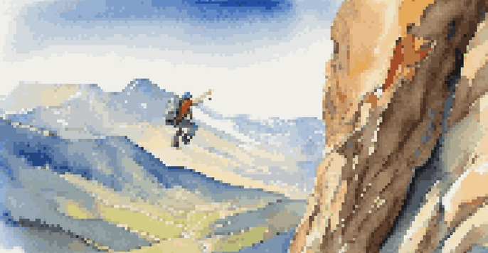 A climber ascending a rock face, showcasing skillful footwork and balance against a backdrop of mountains and a clear sky.