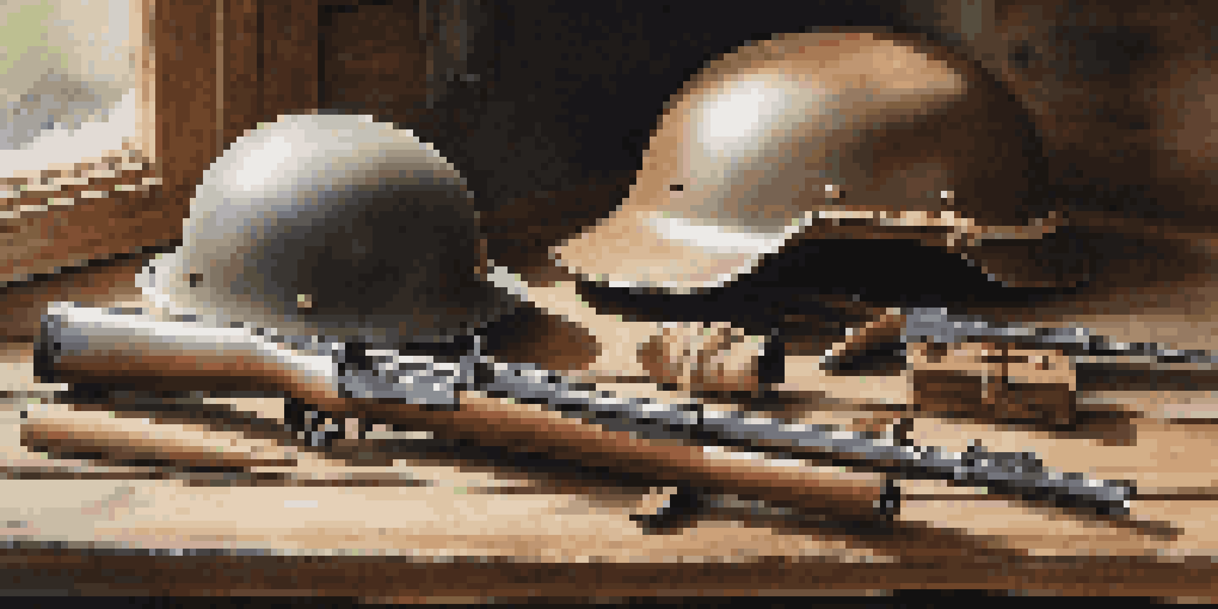A collection of handcrafted World War II reenactment props including a wooden rifle, leather pouch, and metal helmet on a rustic wooden table with soft lighting.