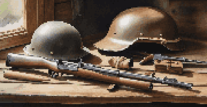 A collection of handcrafted World War II reenactment props including a wooden rifle, leather pouch, and metal helmet on a rustic wooden table with soft lighting.