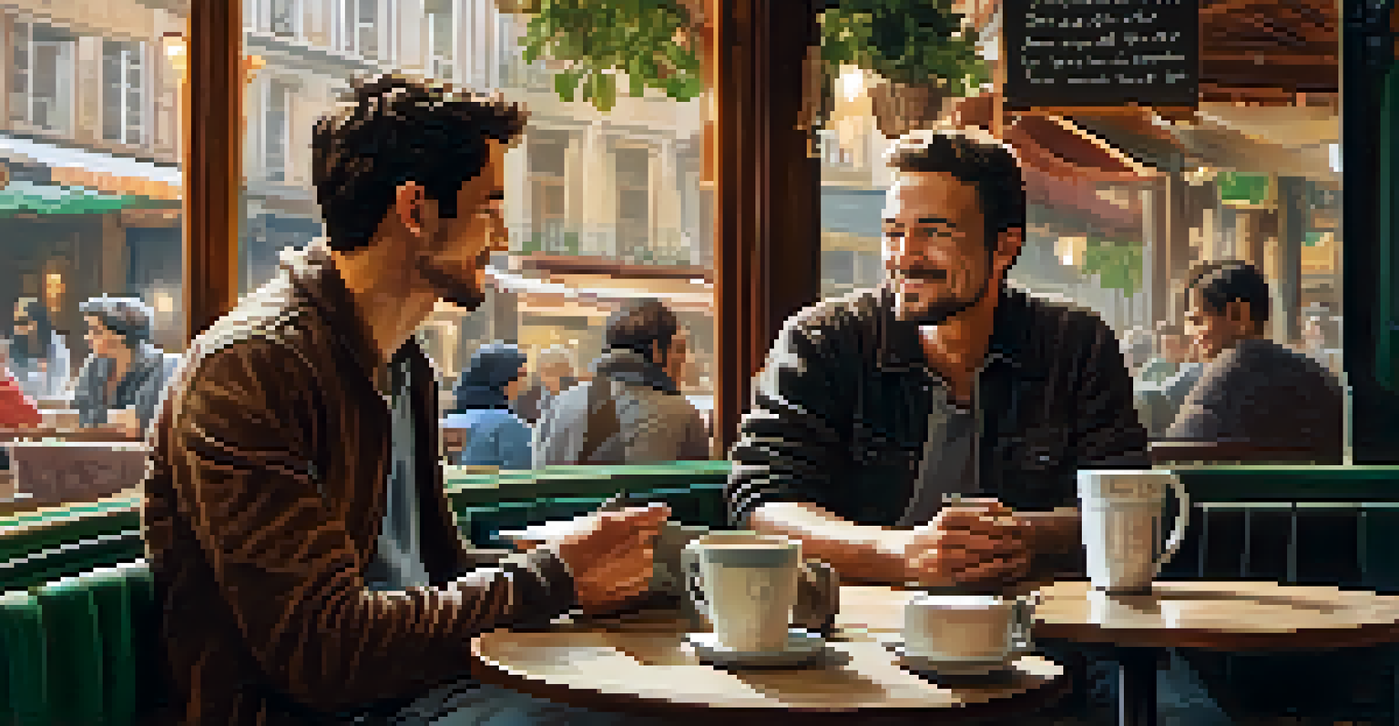 A traveler at a café chatting with a local, with a phrasebook on the table and a warm, inviting atmosphere.