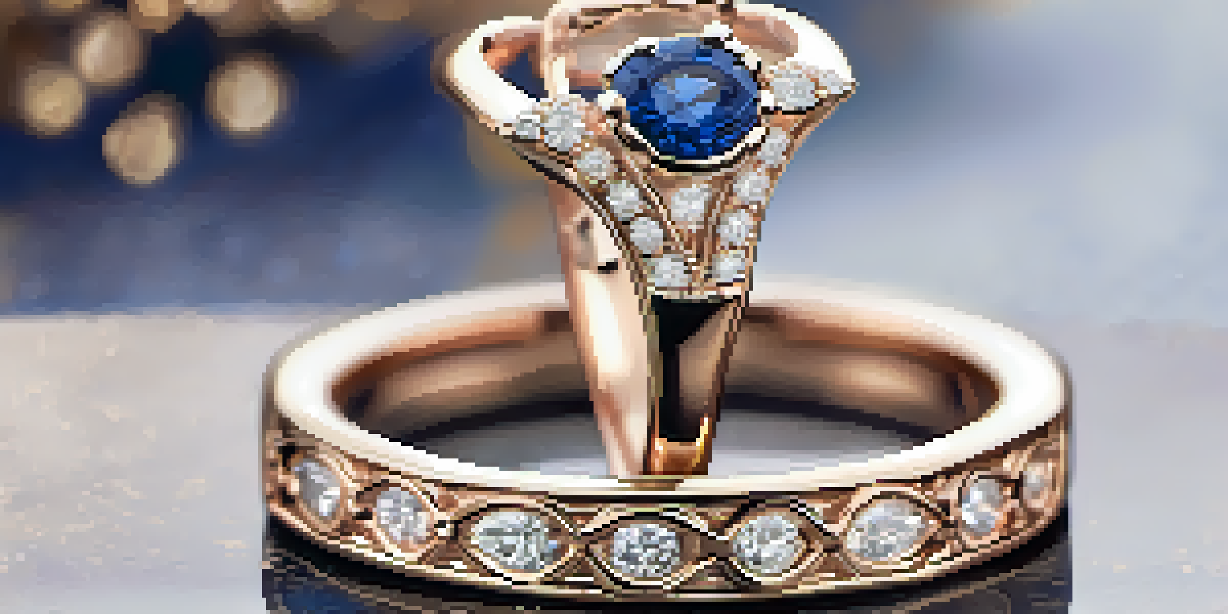 A close-up view of an elegant rose gold ring featuring a vibrant blue sapphire and sparkling diamonds, illuminated gently.