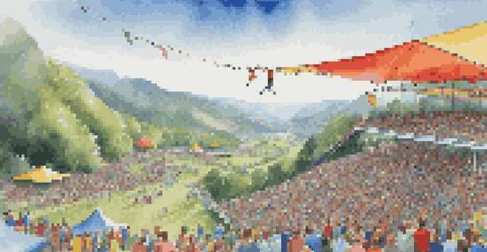 A scenic outdoor bungee jumping festival with a high platform, lush valley, and colorful tents, featuring excited participants preparing to jump.