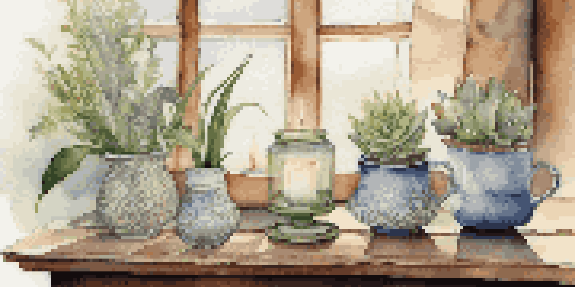 A variety of unique candle containers, including a vintage teacup and a geometric glass holder, arranged on a wooden table with soft natural light and potted plants in the background.