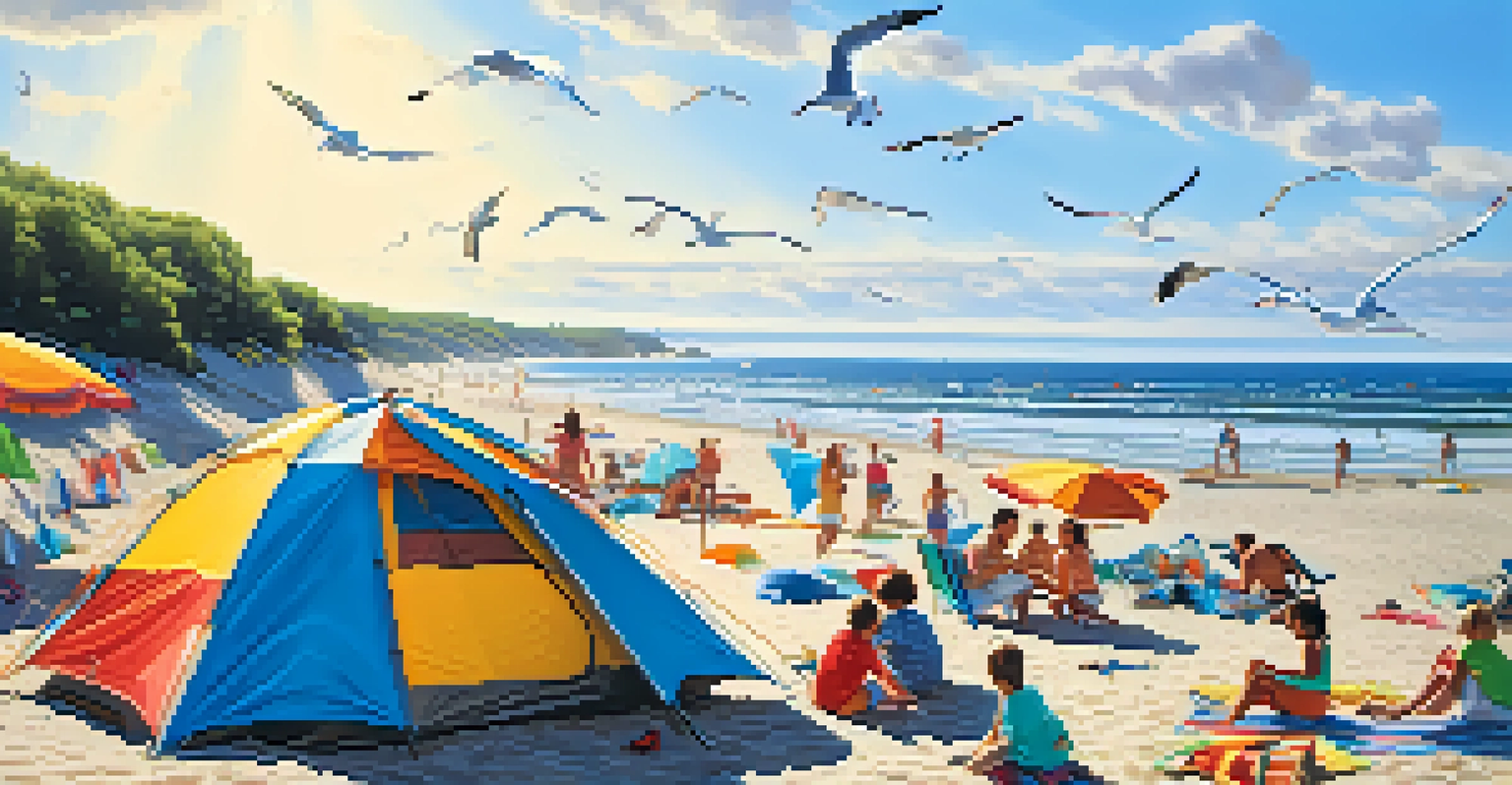 A family camping on the beach at Sandy Hook with a tent and the ocean in the background.