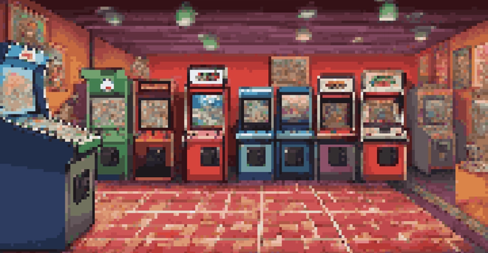 A retro gaming arcade scene with a Super Mario Bros cabinet and nostalgic game posters in the background.