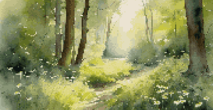 A tranquil forest scene filled with green plants, featuring dandelions and chamomile under soft morning light.