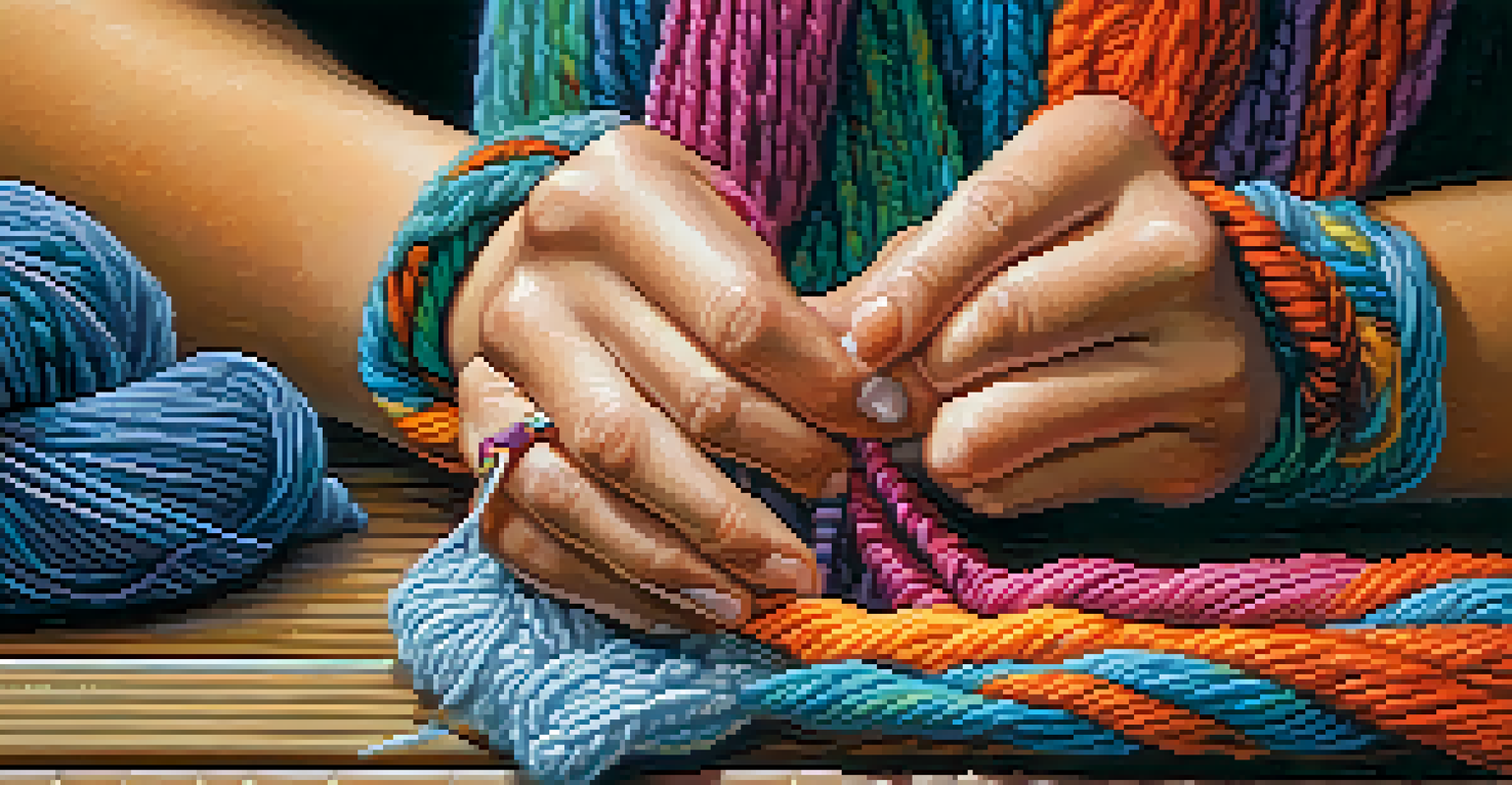 Close-up of hands knitting with vibrant yarn, showcasing intricate stitches on a wooden table.