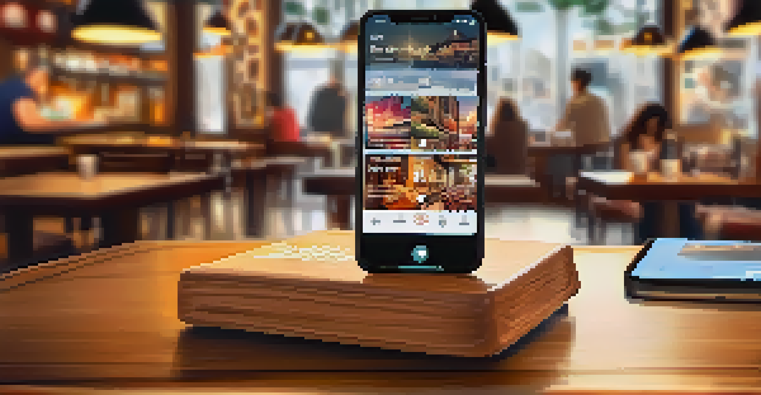 A smartphone in a café displaying colorful travel posts on a social media app.