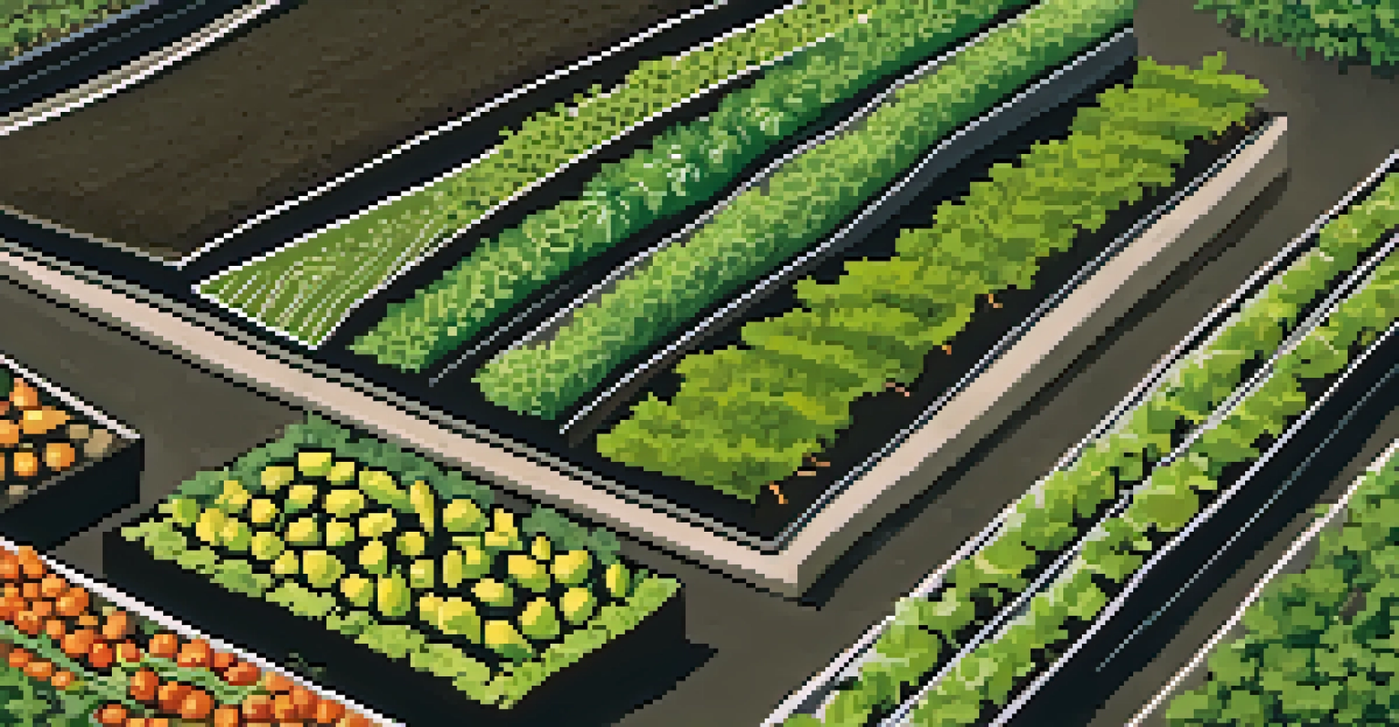 An overhead view of an organized organic garden with rows of vegetables and a drip irrigation system.