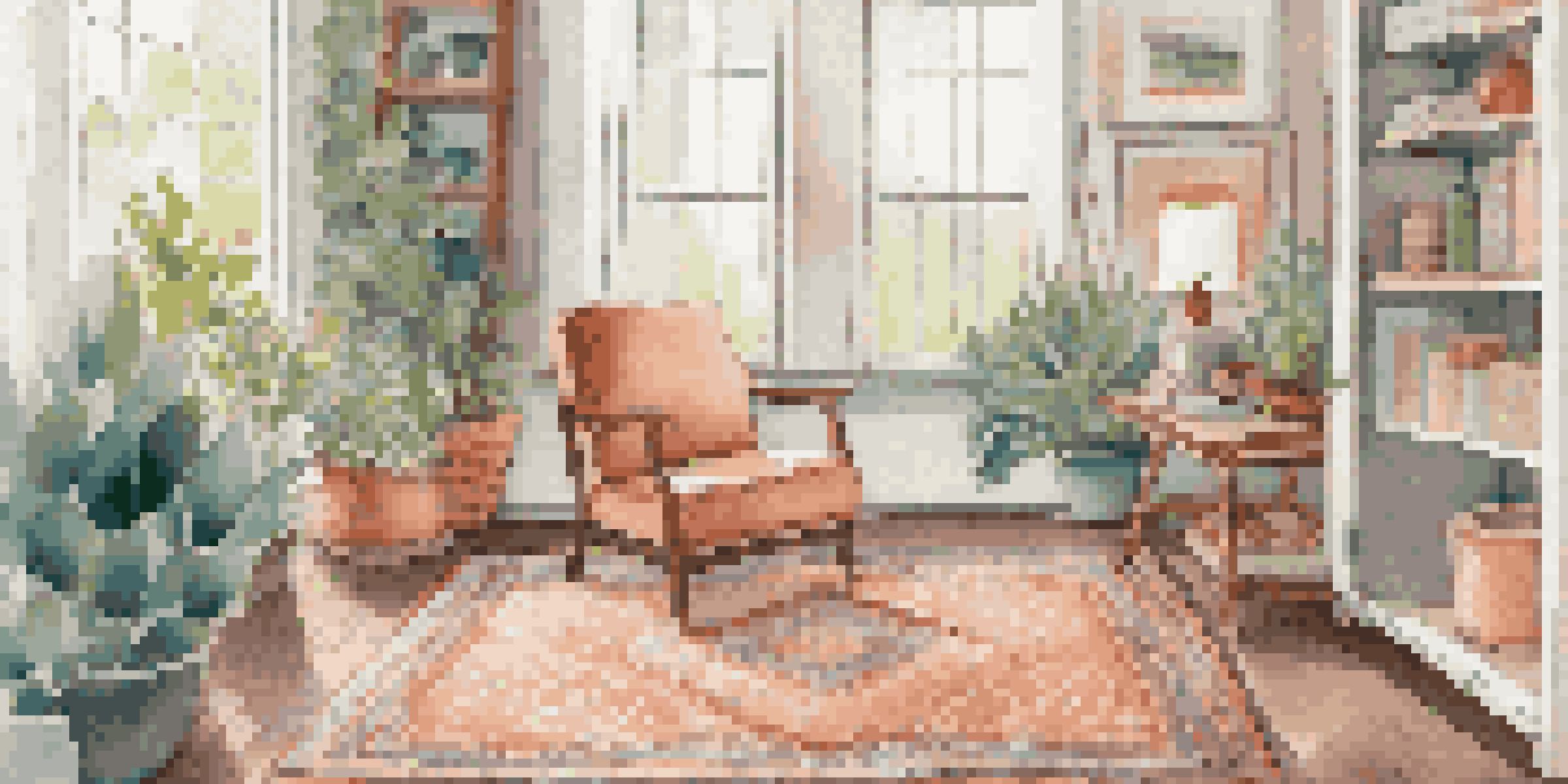 A cozy rug-making space filled with natural light, showcasing a vibrant rug in progress and surrounded by plants and art supplies.