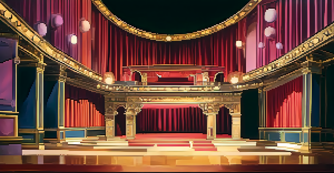 A theater stage set with abstract shapes and mirrors, illuminated with warm lighting, showcasing elements of a non-linear play.