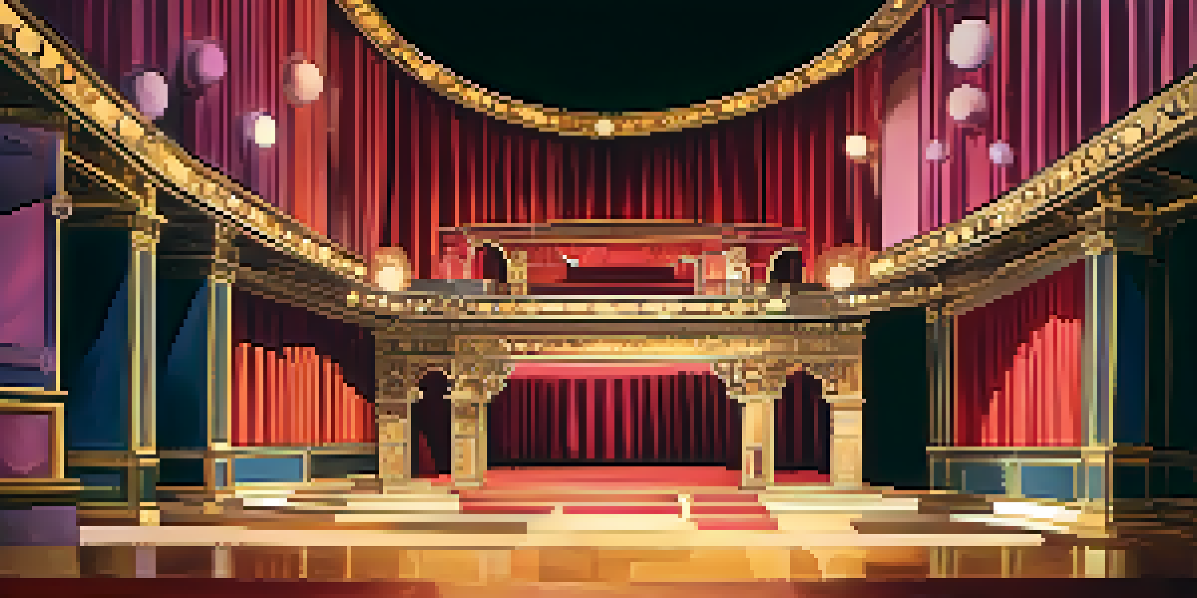 A theater stage set with abstract shapes and mirrors, illuminated with warm lighting, showcasing elements of a non-linear play.