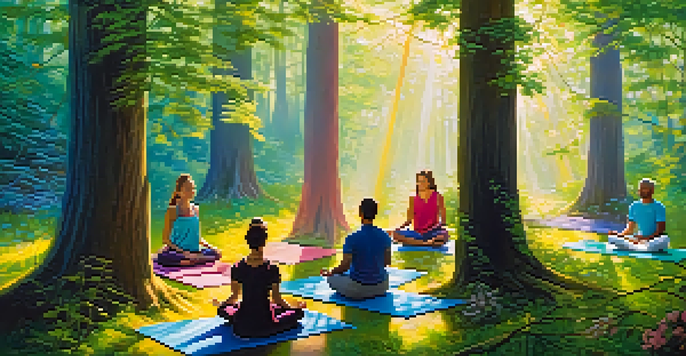 A peaceful forest scene depicting individuals meditating on yoga mats during an astral projection retreat, with sunlight filtering through the trees.