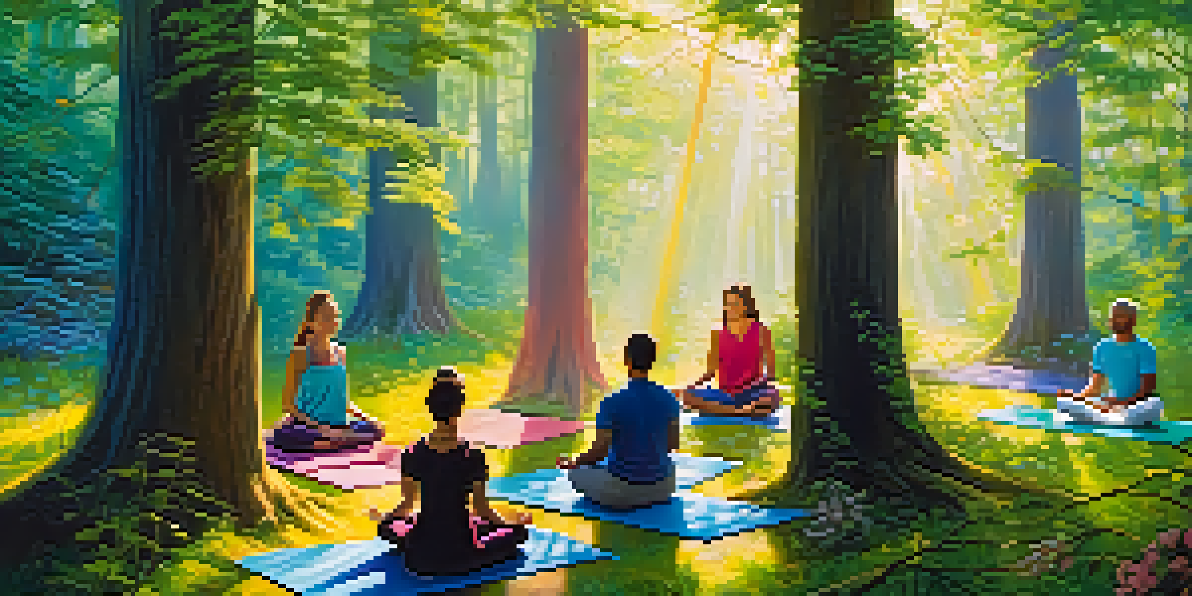 A peaceful forest scene depicting individuals meditating on yoga mats during an astral projection retreat, with sunlight filtering through the trees.
