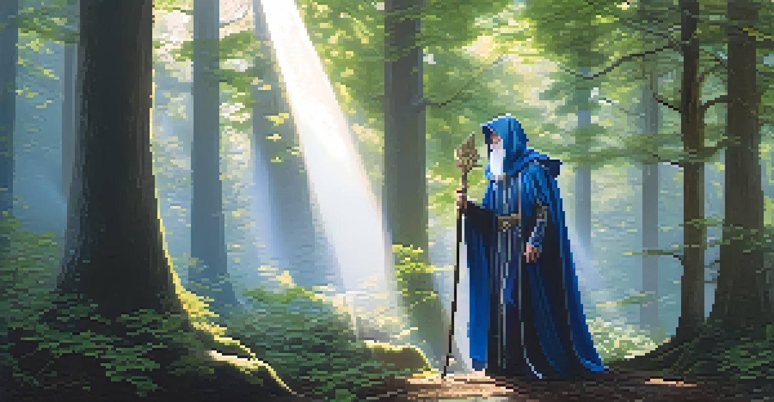A mystical wizard cosplayer stands in a forest, with flowing robes and a staff, illuminated by soft sunlight filtering through the trees.
