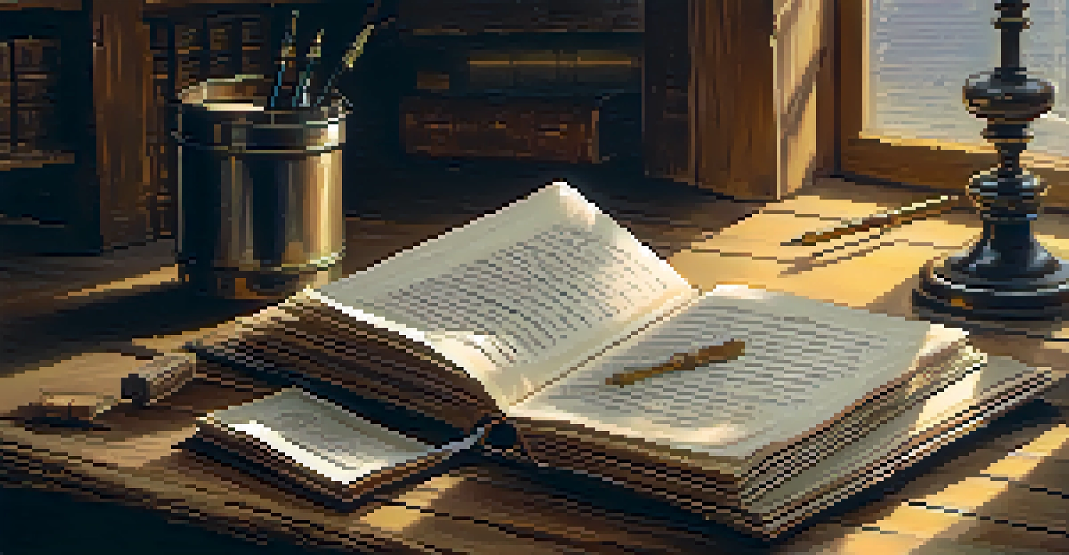 An open book with handwritten notes and a quill pen on a rustic wooden table, illuminated by soft golden light.