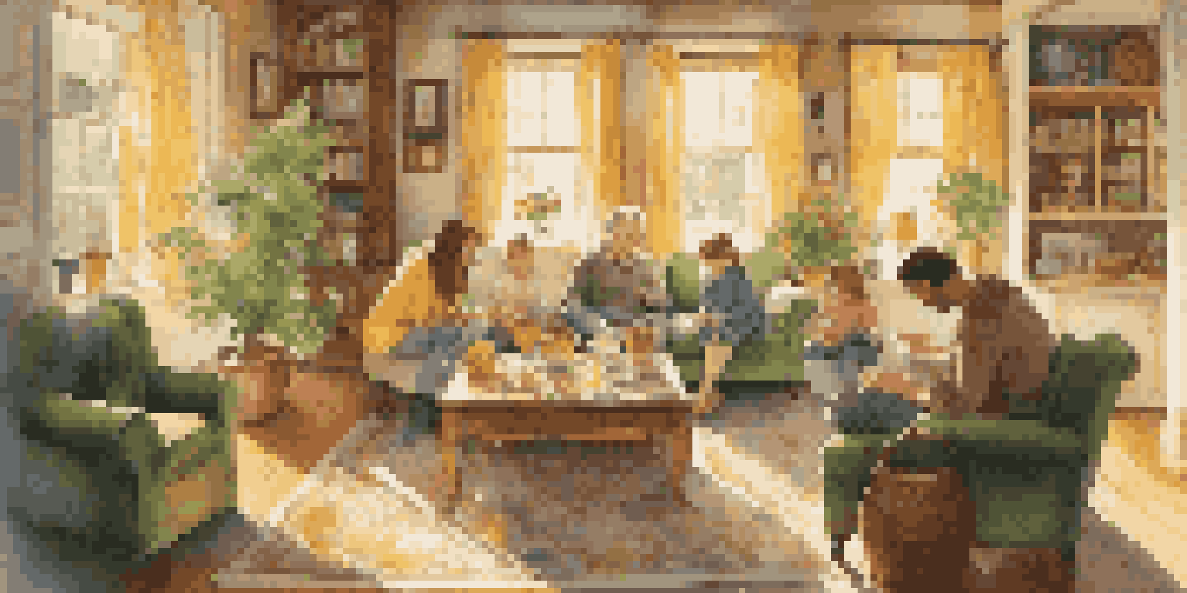 A family sitting together in a living room, solving a colorful jigsaw puzzle on a coffee table, with sunlight streaming in through the window.