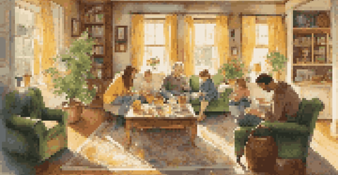 A family sitting together in a living room, solving a colorful jigsaw puzzle on a coffee table, with sunlight streaming in through the window.