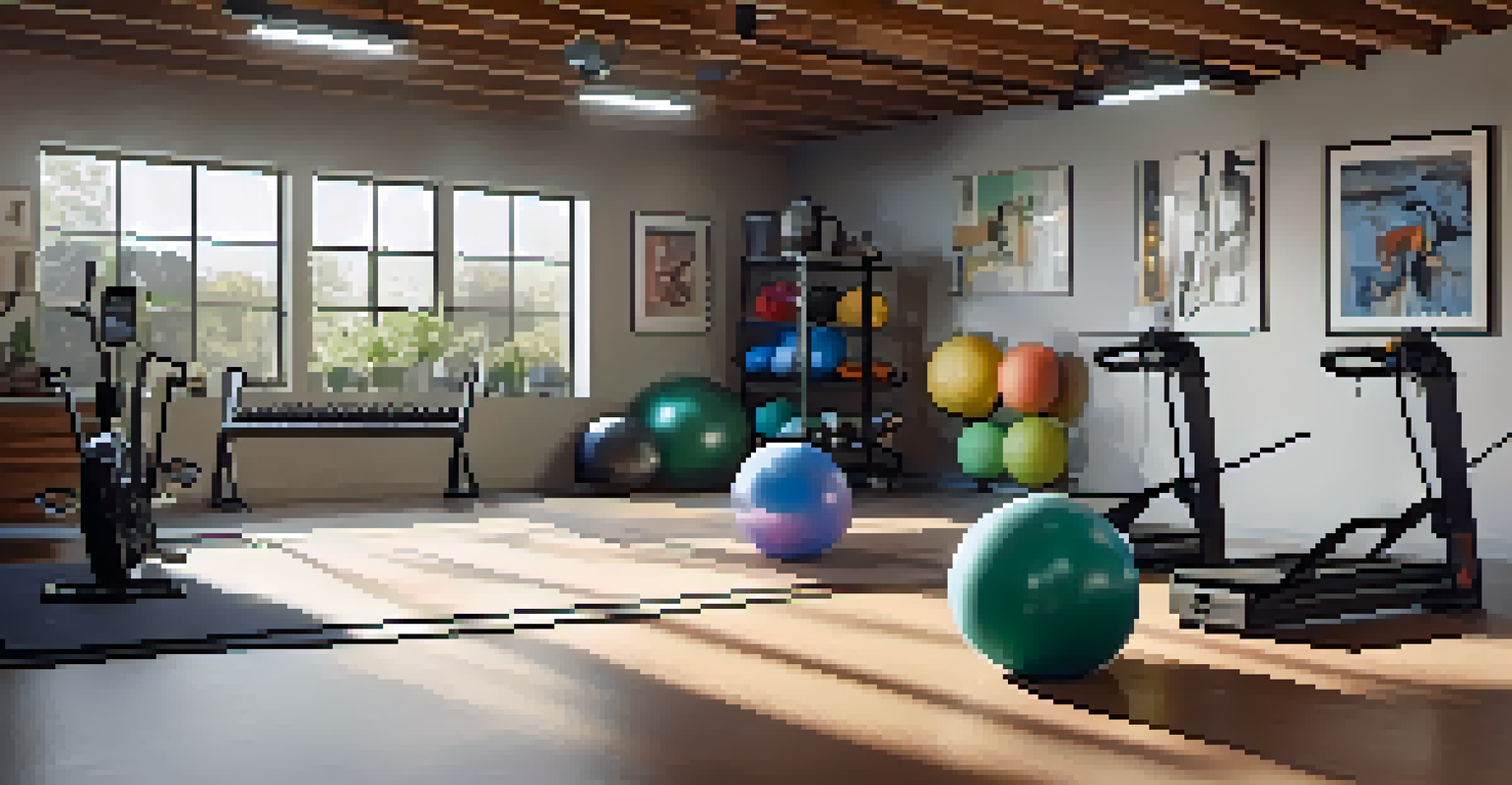 A tidy workout corner in a garage with exercise equipment like a stability ball and jump rope, bathed in warm lighting.