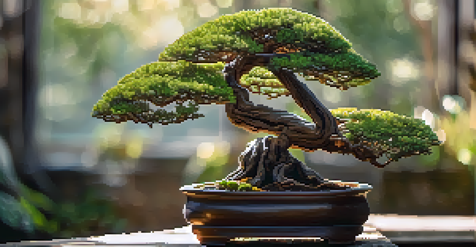 A close-up of a bonsai tree showing detailed bark and leaves, with sunlight creating a shimmering effect.