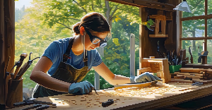 A person in a workshop cutting wood for a birdhouse, wearing safety gear with tools organized around them.