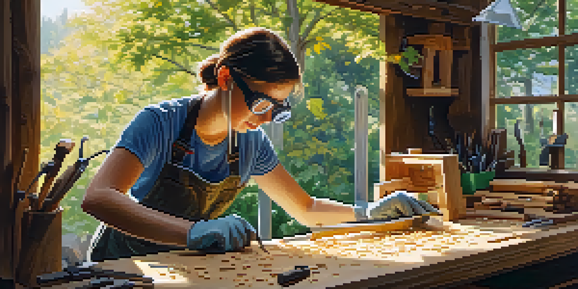 A person in a workshop cutting wood for a birdhouse, wearing safety gear with tools organized around them.