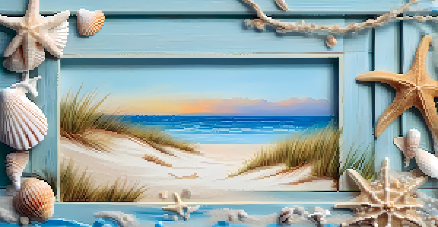 A close-up of a DIY photo frame made from an old wooden crate, painted light blue and decorated with seashells, holding a sunset photo against a blurred beach background.