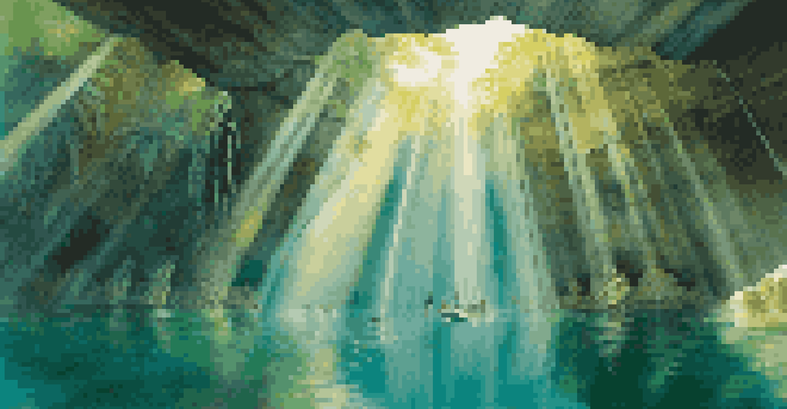 A cenote with sunlight filtering through the water, divers exploring the clear blue water surrounded by limestone walls and greenery.