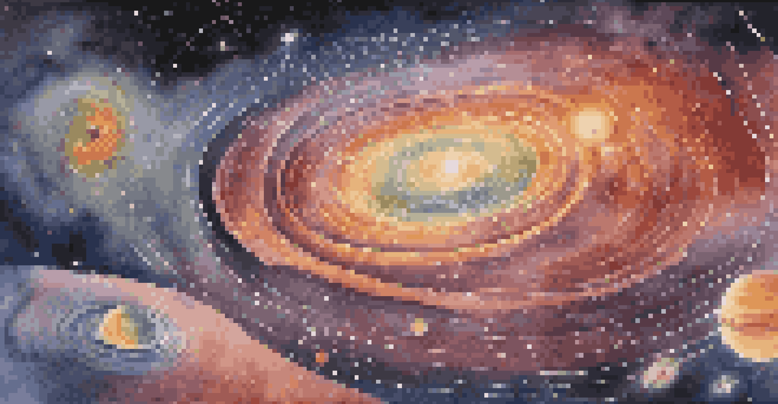 An artistic illustration showing different wavelengths in astronomy, including radio waves, infrared, ultraviolet, and X-rays, with a starry background.