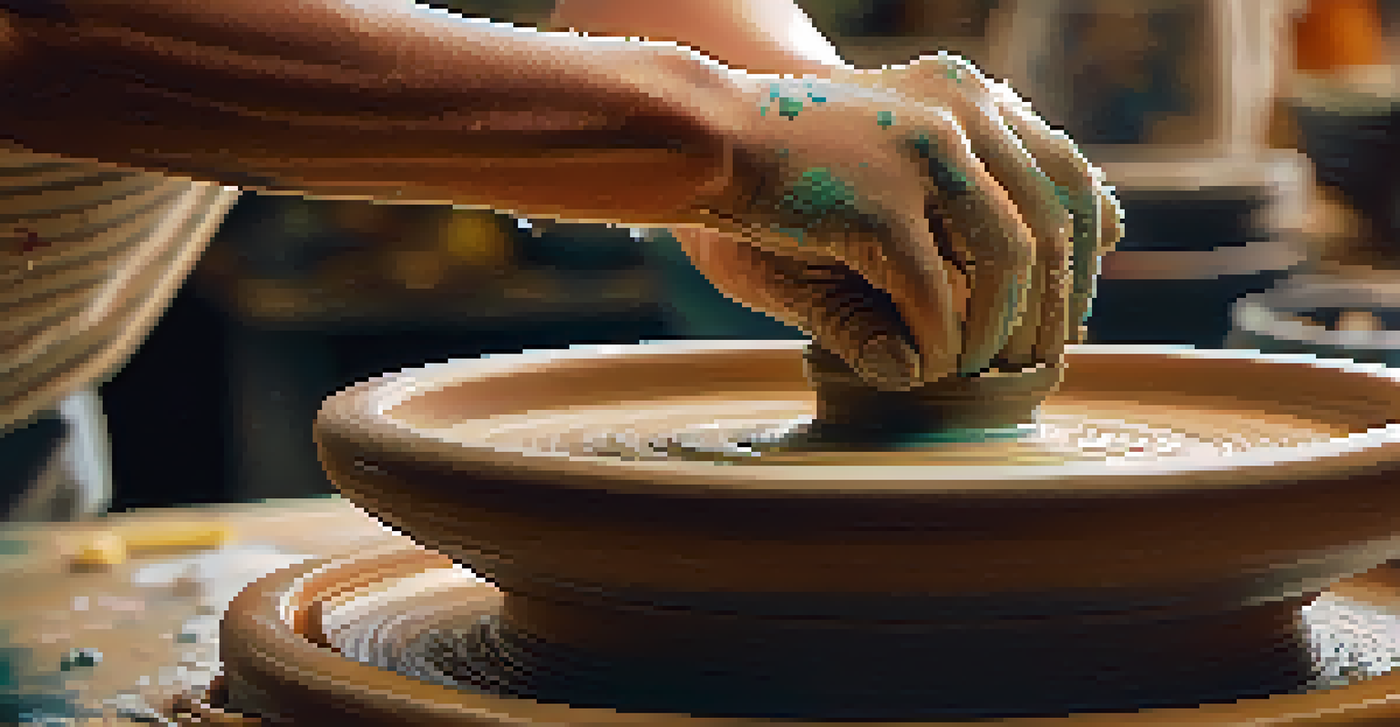 An artist shaping clay on a pottery wheel, with splashes of wet clay and blurred sculptures in the background.