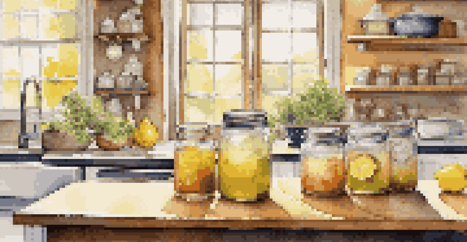 A cozy kitchen with jars of fermenting kombucha and fresh ingredients like lemons and ginger on the countertop.